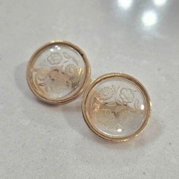 Vintage Floral Clear acrylic & Gold Tone Clip-On Earrings wedding bridal classy - Picture 1 of 6